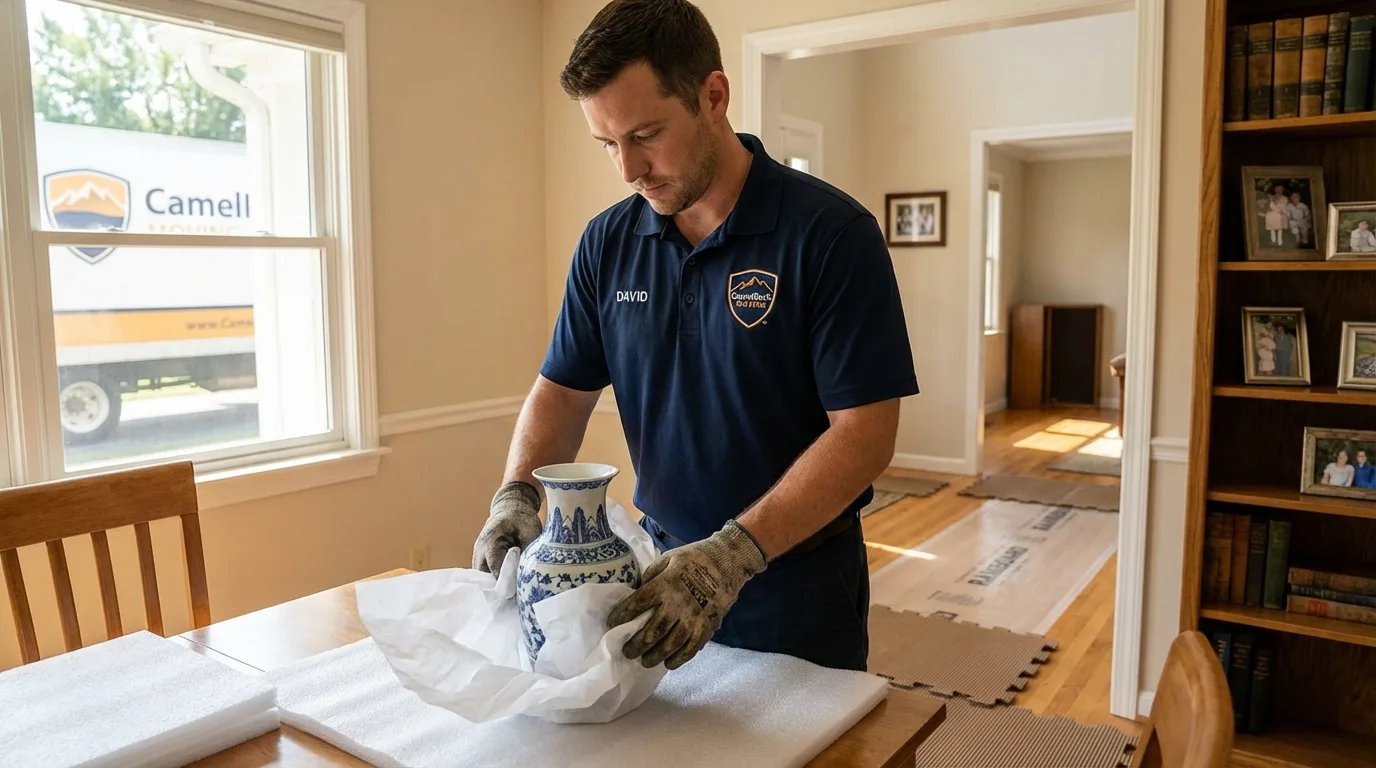 Professional crew carefully wrapping antique vase for senior downsizing move in Hammond, LA